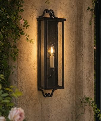 Tall outdoor wall lantern glowing in a garden